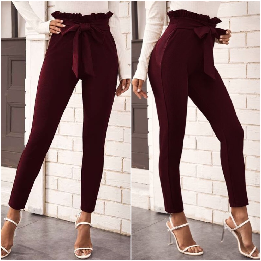 Burgundy Paperbag pants belted skinny office work
